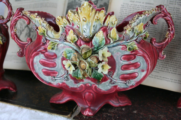 Antique French 1900 art nouveau Barbotine Majolica Vases Set center piece
