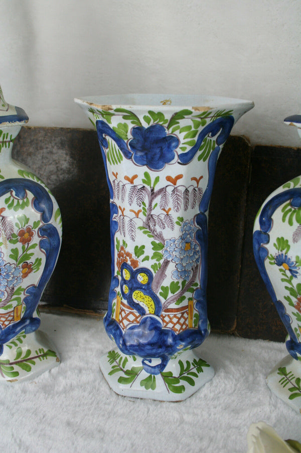 Antique 19thc  Set Delft pottery  Holland Polychrome Bird Vases set marked