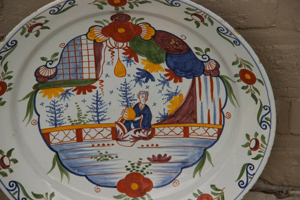 LARGE Antique Dutch Delft 19thc polychrome pottery wall Plate Chinoiserie decor