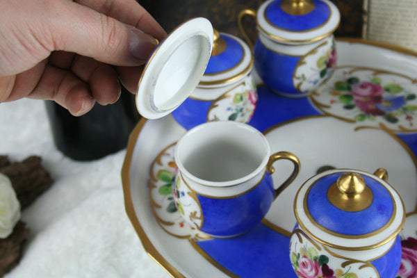 Antique French Serving tray 6 cream pots sevres floral porcelain 1900