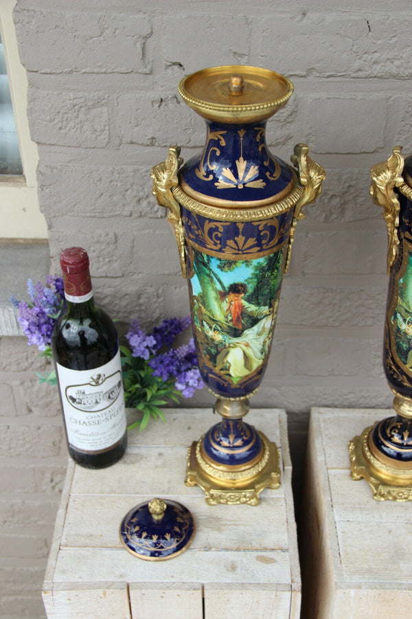 XL pair French limoges porcelain romantic scene caryatid heads Vases