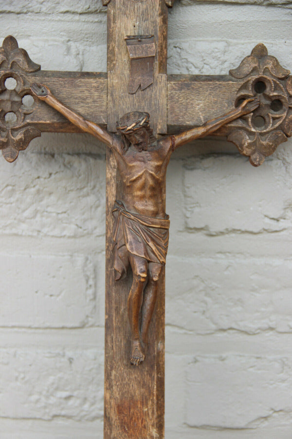 Antique French Neo gothic wood carved wall crucifix cross Religious