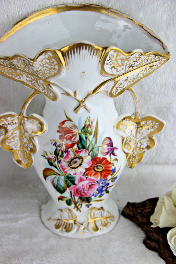 Antique French vieux old paris porcelain Vases set of 3 Floral hand paint decor