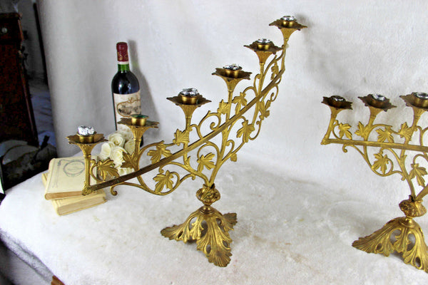 PAIR altar church candelabras candle holders 6 arms 1930 Brass floral religious