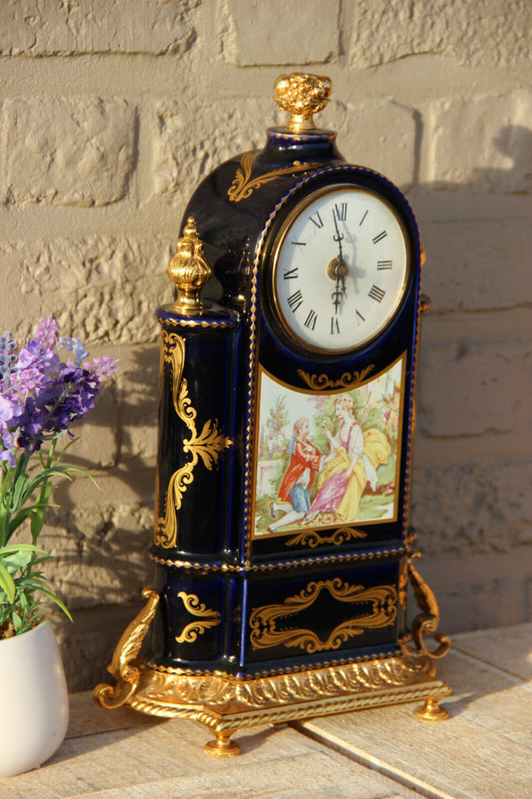 French vintage cobalt blue limoges porcelain mantel clock Victorian scene