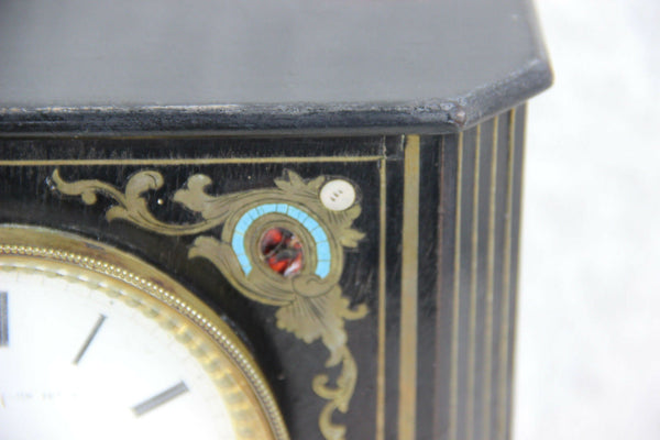 Antique Napoleon III portico clock black lacquered inlaid 19thc