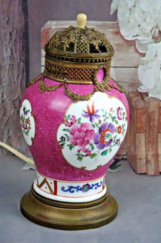 rare Porcelain German 1950's Lamp flowers table bronze