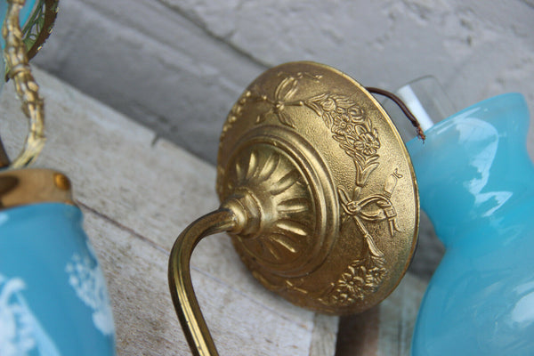 PAIR French vintage opaline Blue glass  turquoise Wall lights sconces romantic