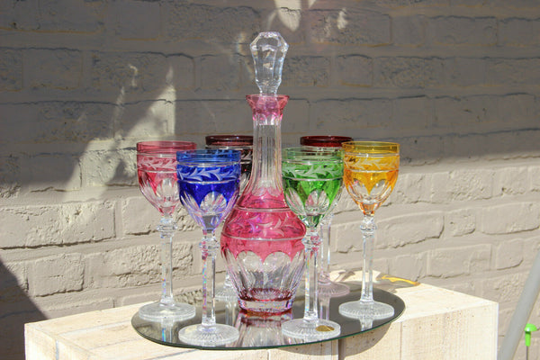 Vintage Bohemia Czech Crystal glass decanter glasses Set 1950