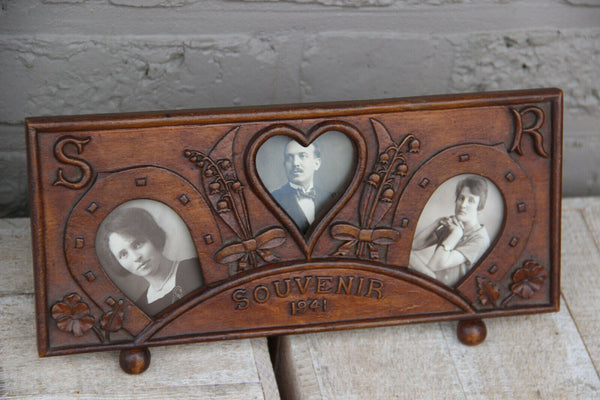 Gorgeous antique 1941 wood carved black forest picture photo frame rare