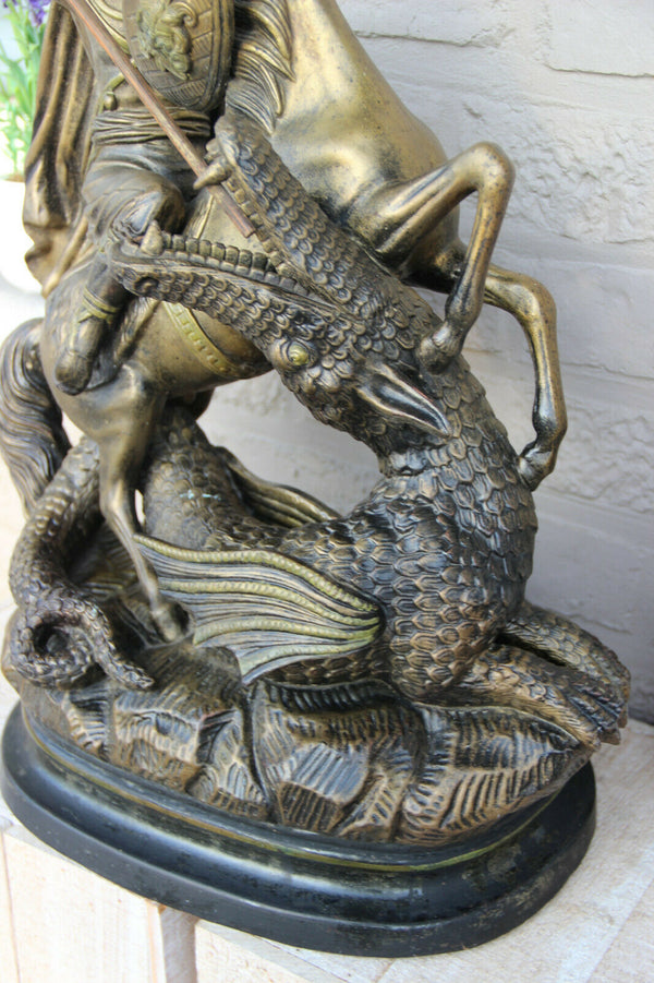Antique XL French Group Terracotta Saint George Dragon Statue religious