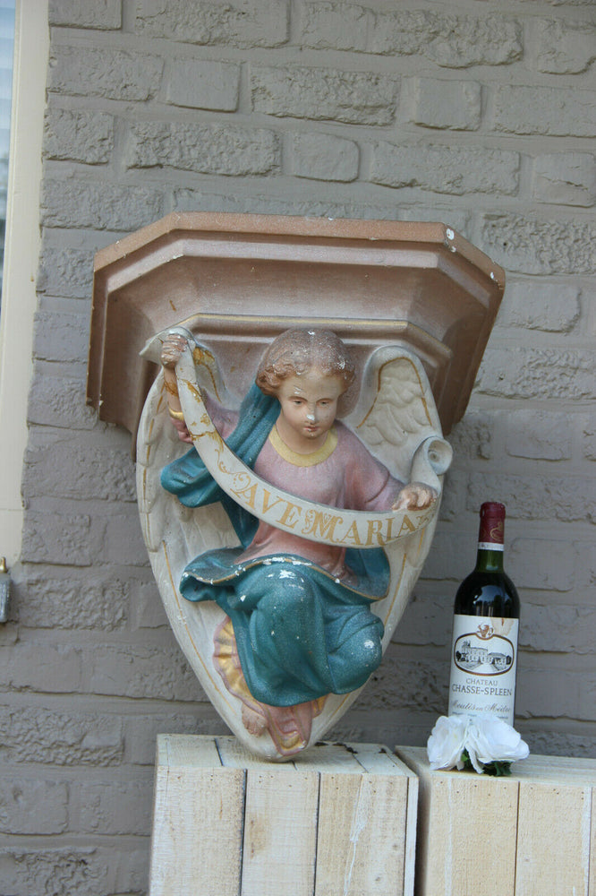 Huge Religious Church antique Plaster polychrome wall console angel