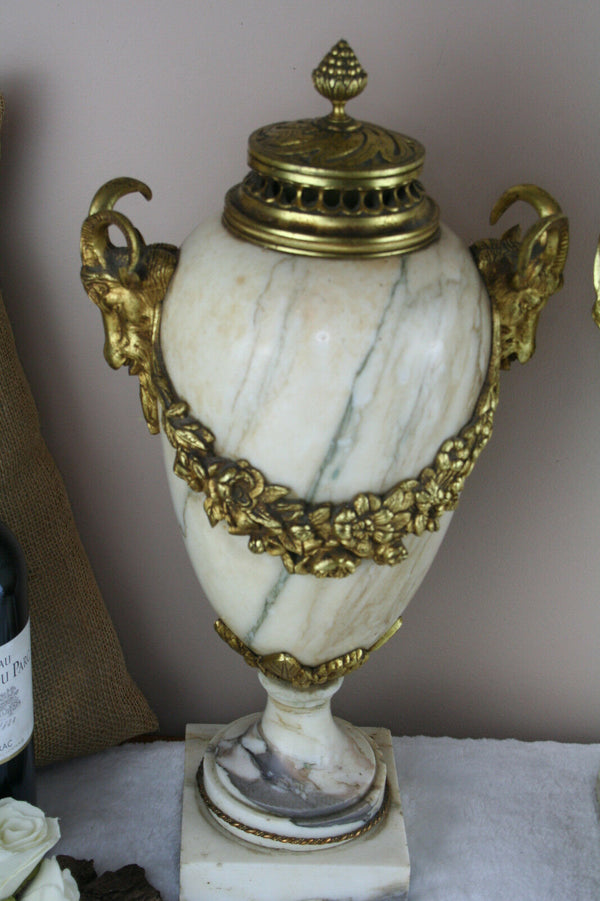 PAIR Huge French Marble Vases urns Ram heads bronze louis XVI decor 1900
