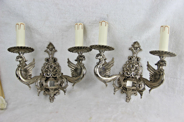 PAIR French gothic castle Dragon Chimaera Wall lights sconces silver patina