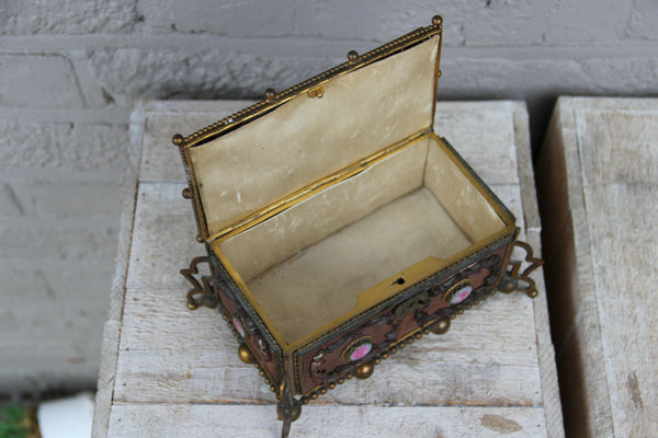 Vintage French Wood carved brass box knight medaillons plaques