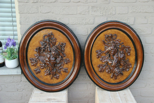 HUGE pair Chalkware Hunt trophy Black forest design wall plaques panels