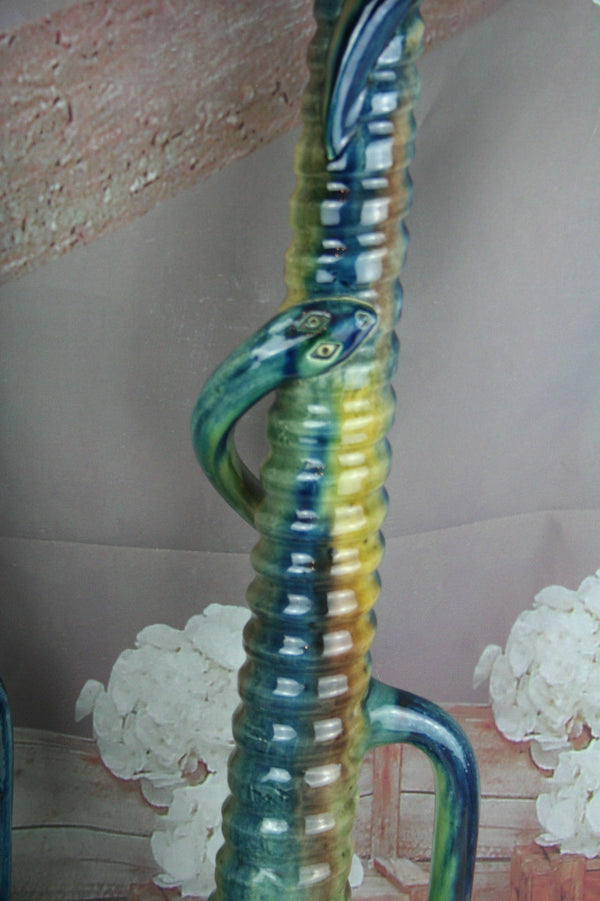 XXL PAIR Belgian Ceramic barbotine Candle holders snakes art nouveau 1900