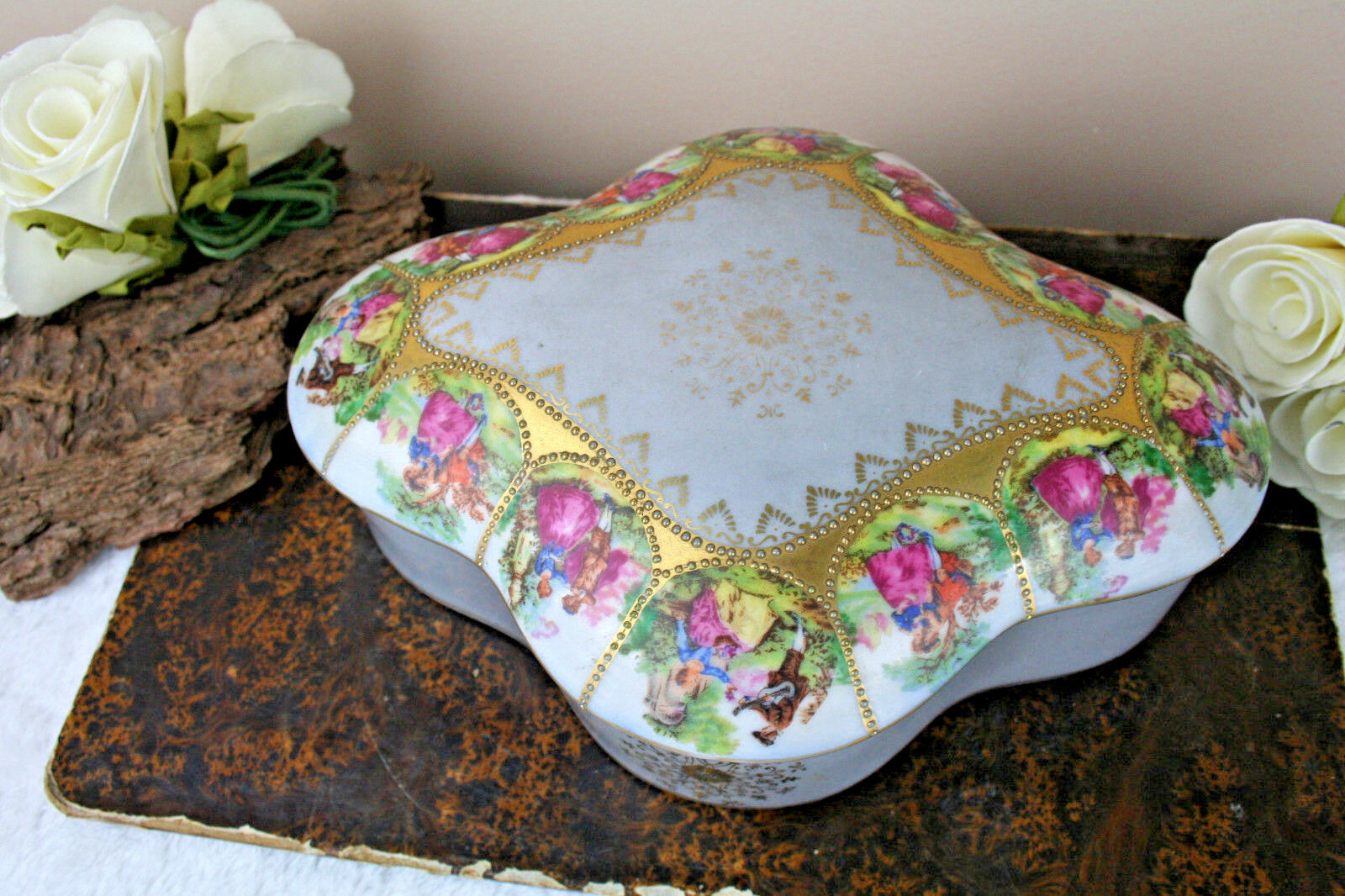 Herford Large Porcelain Candy Box, Fragonard Scenes, Gemany 1950's