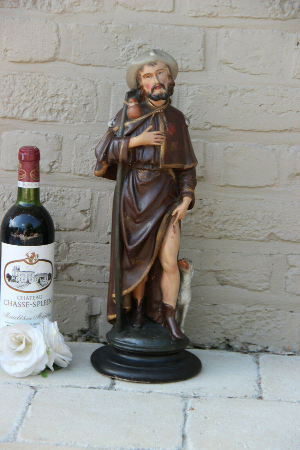 RARE antique Religious SAINT ROCH dog Statue Church Plaster polychrome  1930