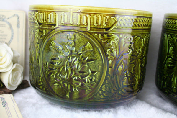 PAIR French Sarreguemis mark barbotine pottery planter with escutcheons