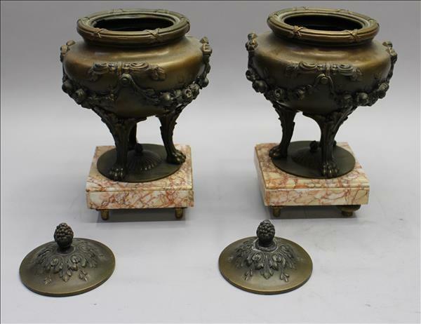 Antique French spelter Bronze clock garniture Vases urns cherubs marked Bruchon