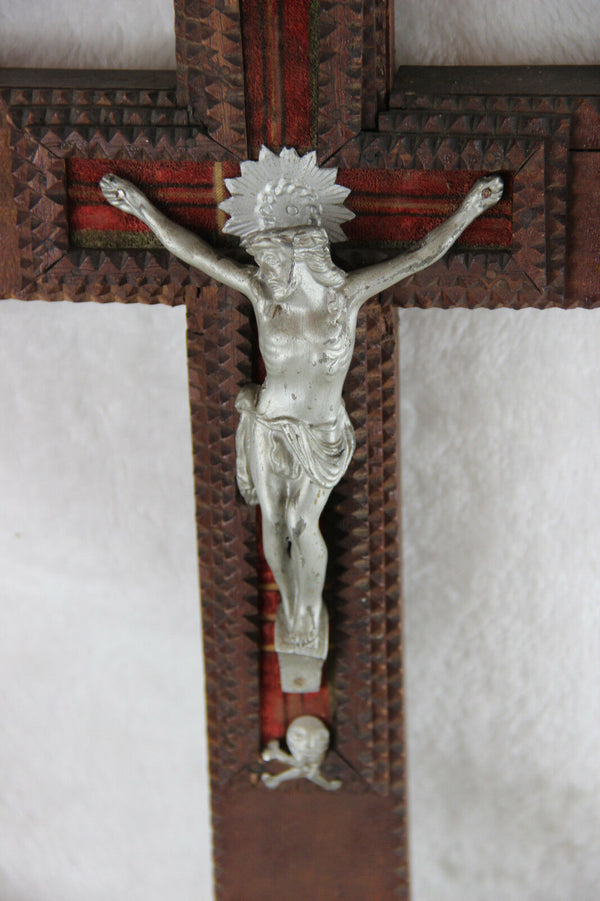 Huge French antique tramp art cigar box wood crucifix cross religious