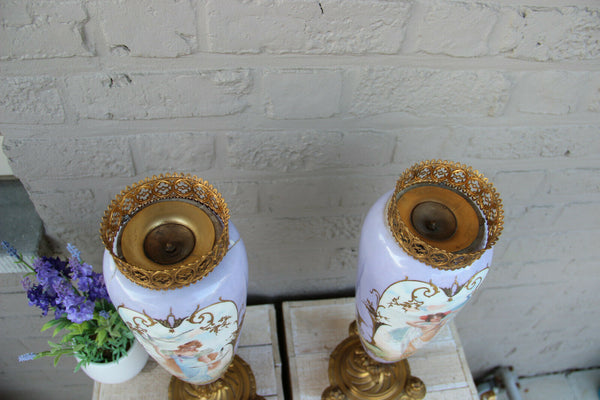 PAIR antique French Faience porcelain Lady figurine portrait Vases soft pastel