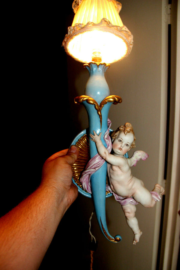 PAIR antique  capodimonte porcelain marked putti angel Sconces wall lights rare
