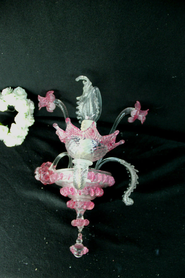 Vintage 1970 MURANO hand blown pink clear glass sconce wall light no2