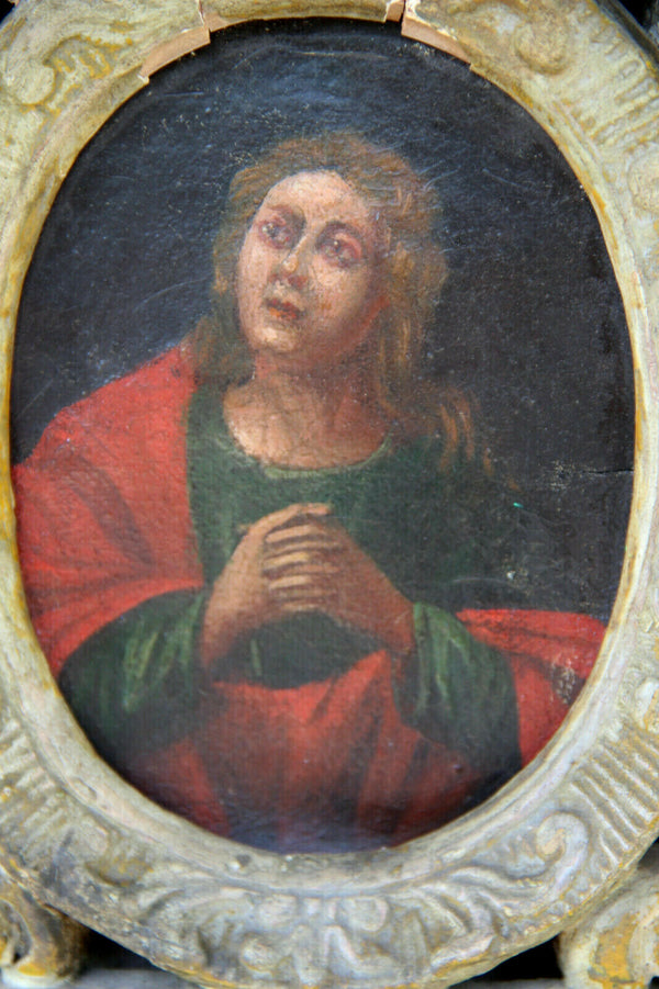 Rare PAIR church antique 18thc wood carved religious plaques panel 3 paintings