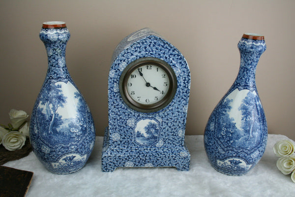 Boch Pottery Clock set Vases Forest Blue white delft decor 1925 marked