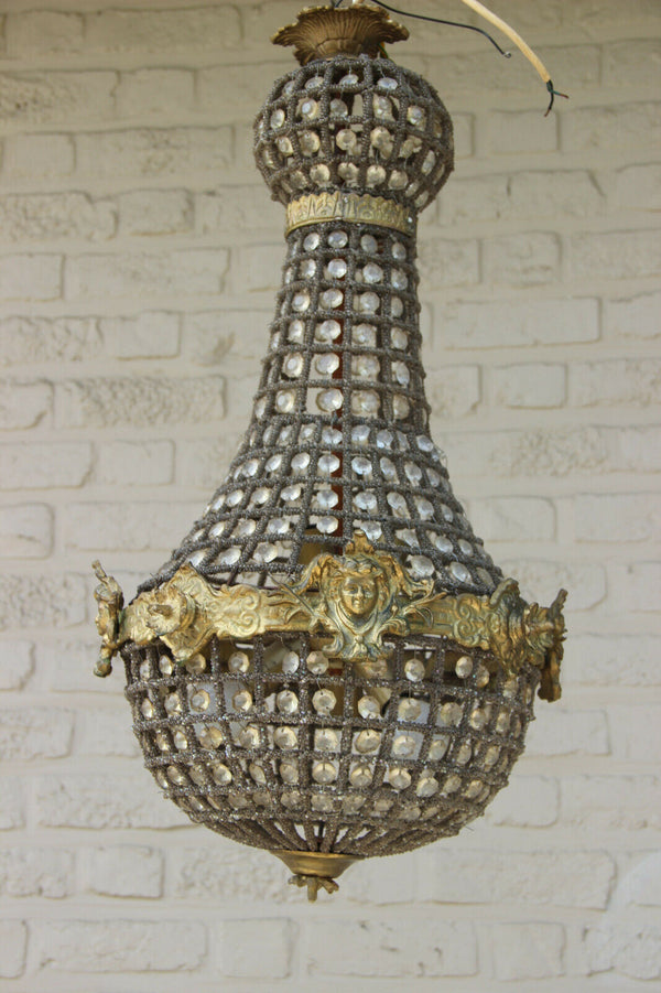 French vintage basket empire caryatid head portrait chandelier lamp n1 1970