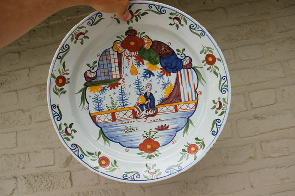 LARGE Antique Dutch Delft 19thc polychrome pottery wall Plate Chinoiserie decor