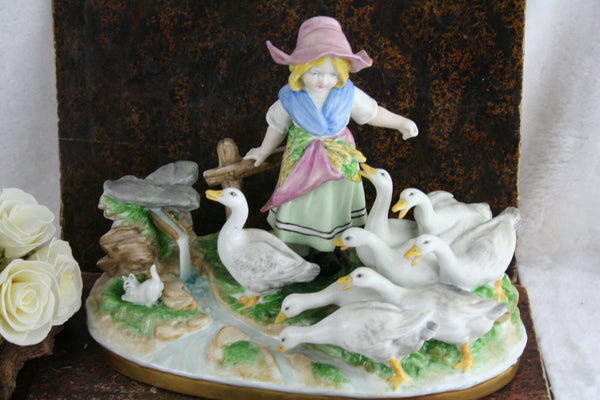 VTG German porcelain marked Figurine girl goose kitten group 1960's