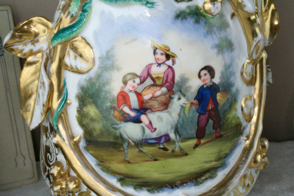 Rare Antique 19thc old paris vieux porcelain Salamander bird Vases dog scene
