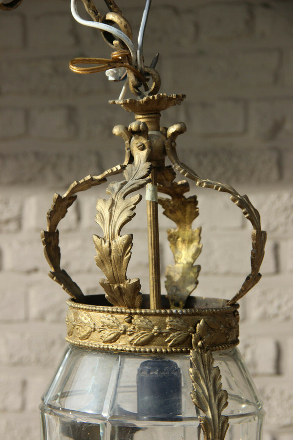 Antique val saint lambert crystal glass caryatid bronze heads lantern chandelier