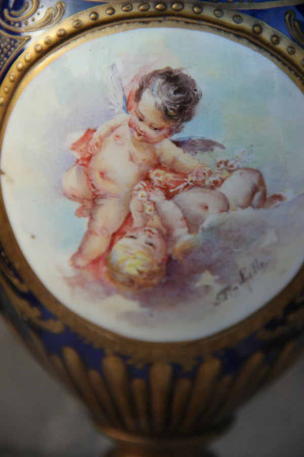 Antique PAIR french putti angels porcelain Blue Vases 19th c
