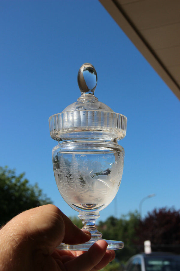 French Crystal Glass etched Hunting deer ducks drageoir sweets box bowl