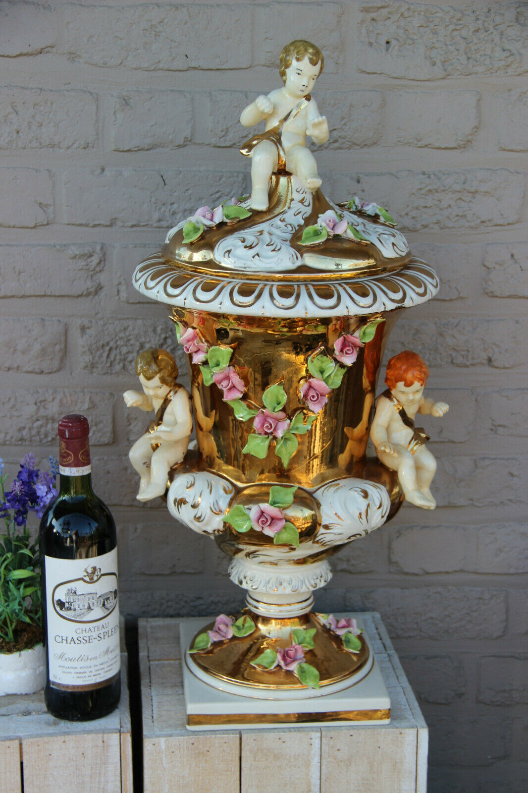 XXL Italian capodimonte porcelain vase Putti angels majolica floral decor lidded