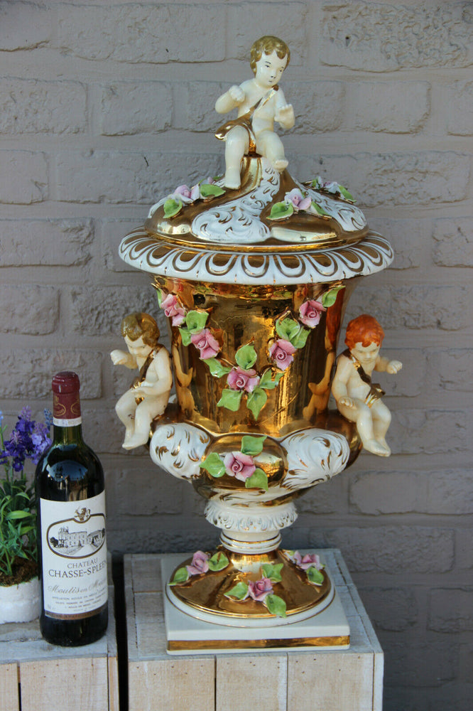 XXL Italian capodimonte porcelain vase Putti angels majolica floral decor lidded