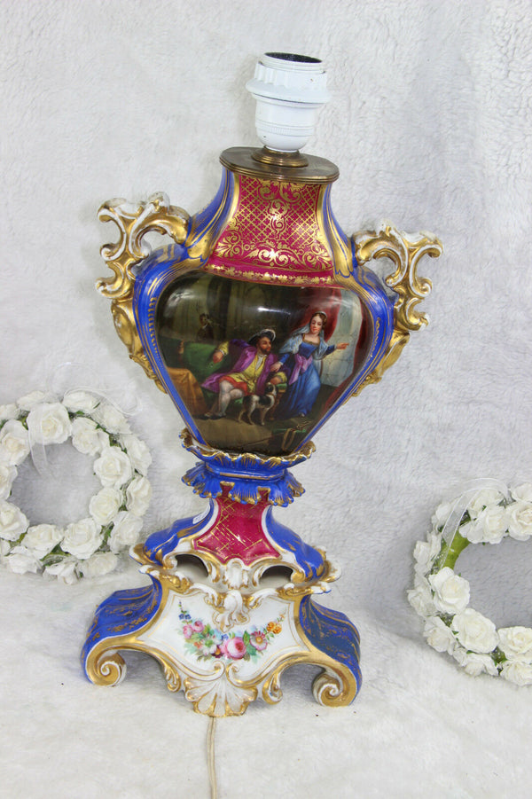 Antique French vieux old paris porcelain vase romantic dog scene floral Lamp