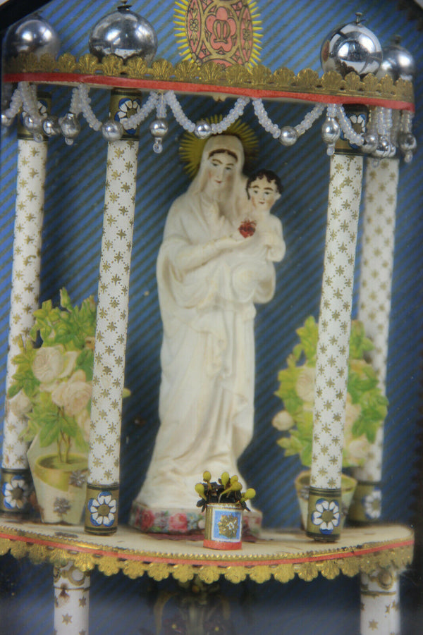 Antique 1900 French Home altar chapel glass Madonna religious