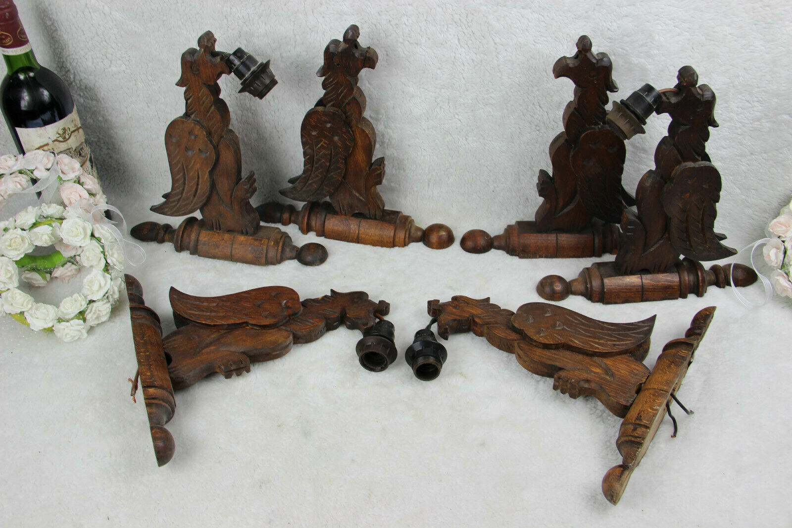 Set 6 Antique French wood carved gothic castle dragon chimaera Sconce wall light
