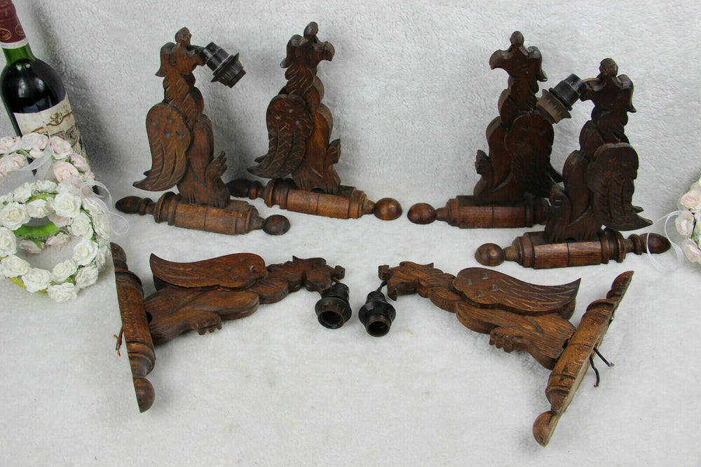 Set 6 Antique French wood carved gothic castle dragon chimaera Sconce wall light