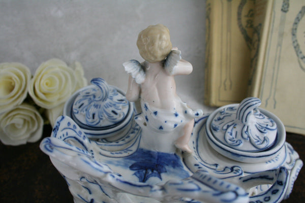 Exclusive German porcelain inkwell putti marine scene rare