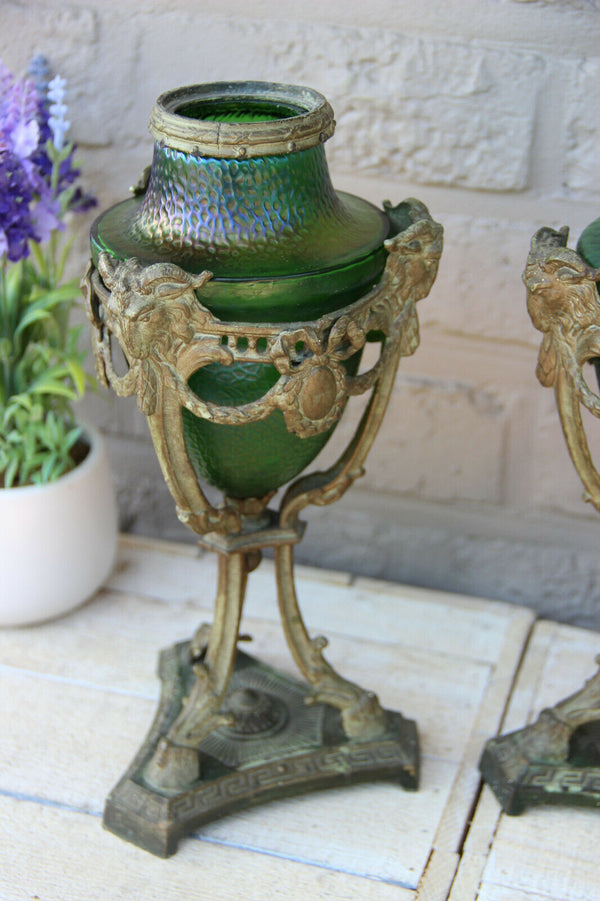 PAIR antique French Vases urns LOETZ green opalescent glass ram heads