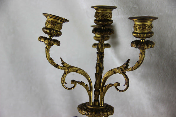 Antique empire French clock set candelabras ram heads paws onyx marble base