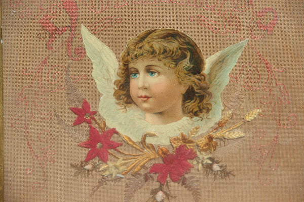 Antique Communion gift French embroidery framed Angel putti religious