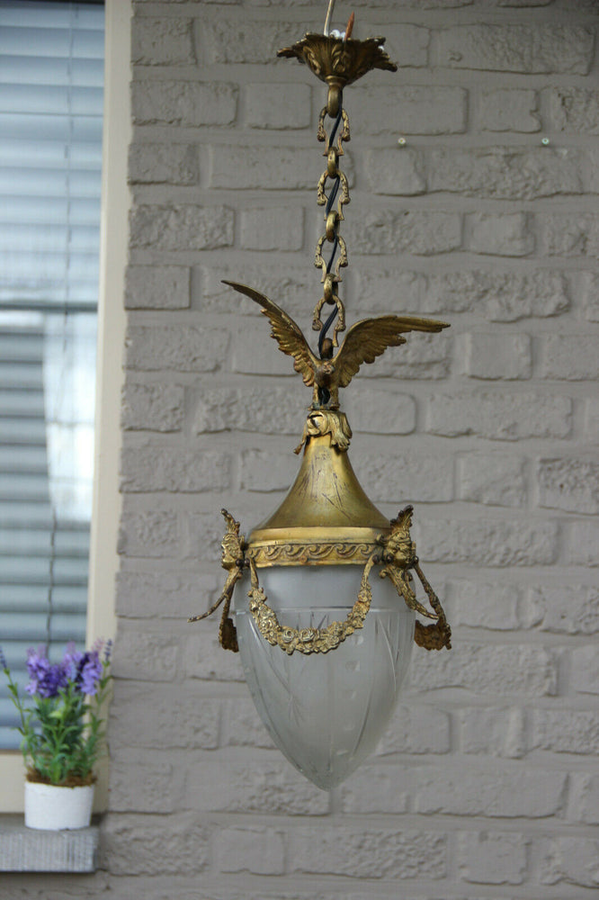 Antique French Bronze eagle putti angel portrait lantern chandelier lamp 1900