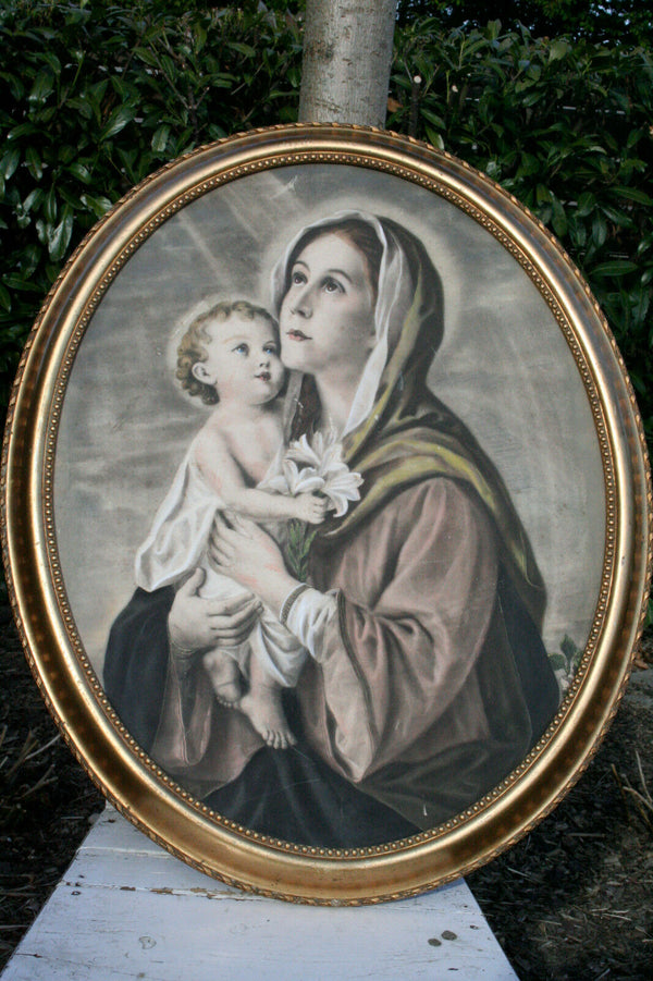 Antique Religious 19thc PASTEL Madonna with child Italian school painting oval